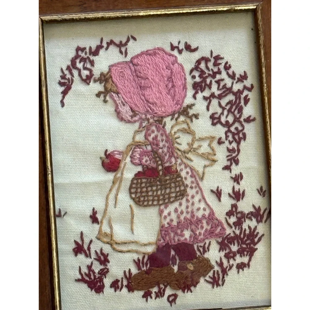 Vintage Holly Hobbie Style Needlepoint Framed Wall Art Set of 2 Kay Valentina